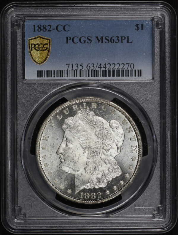 Obverse of this 1882-CC Morgan Dollar PCGS MS-63 PL