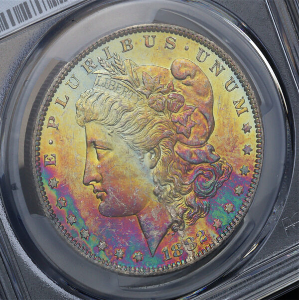 Gallery image of this 1882-O Morgan Dollar PCGS MS-64 – Monster Rainbow Obverse Toning
