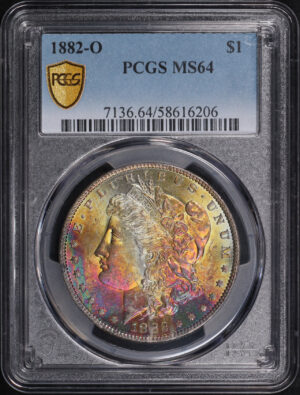 Obverse of this 1882-O Morgan Dollar PCGS MS-64 – Monster Rainbow Obverse Toning