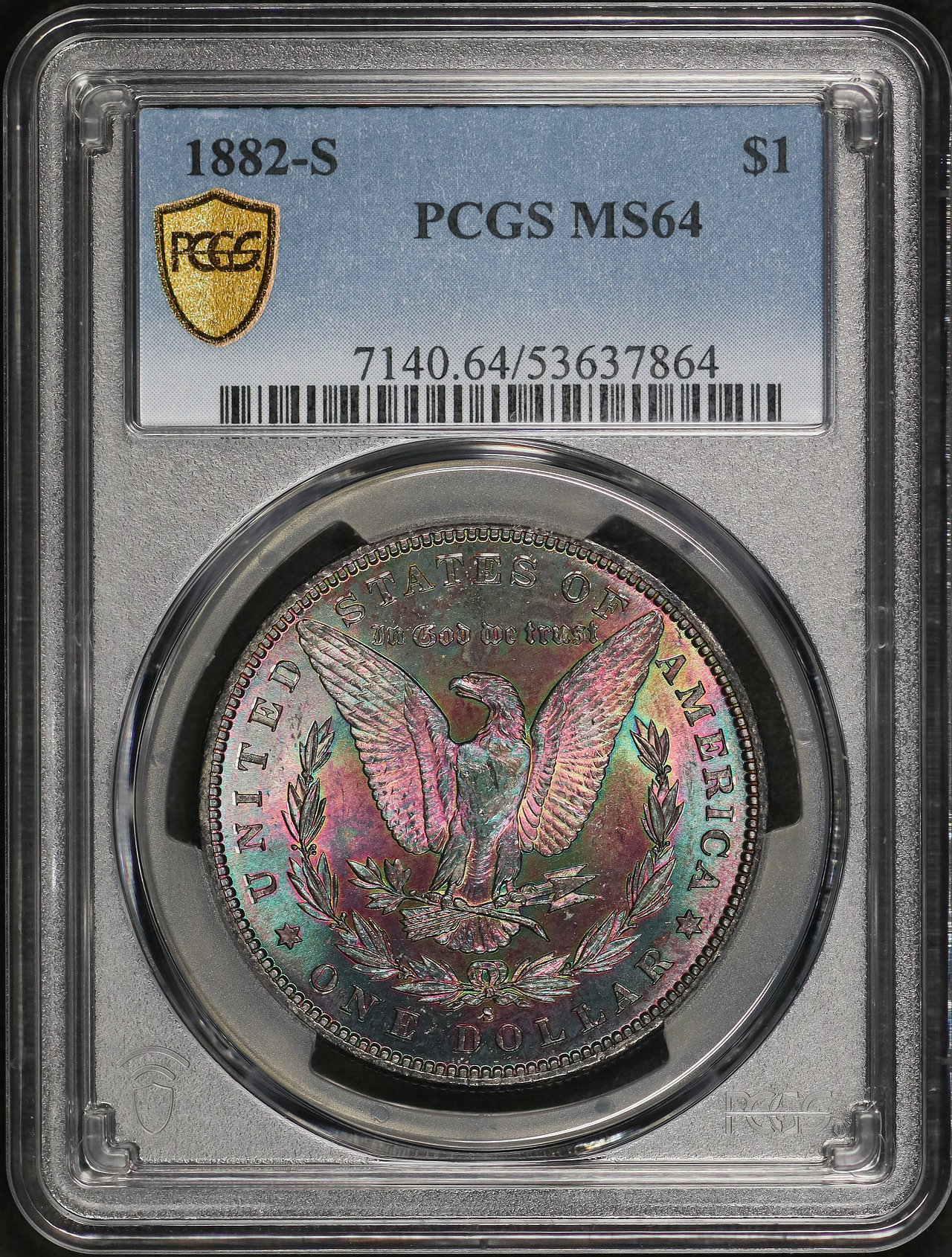 Obverse of this 1882-S Morgan Dollar PCGS MS-64 Reverse Rainbow Toning