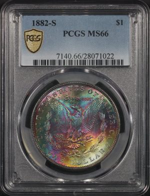 Obverse of this 1882-S Morgan Dollar PCGS MS-66 Cartwheel Rainbow Reverse Toning