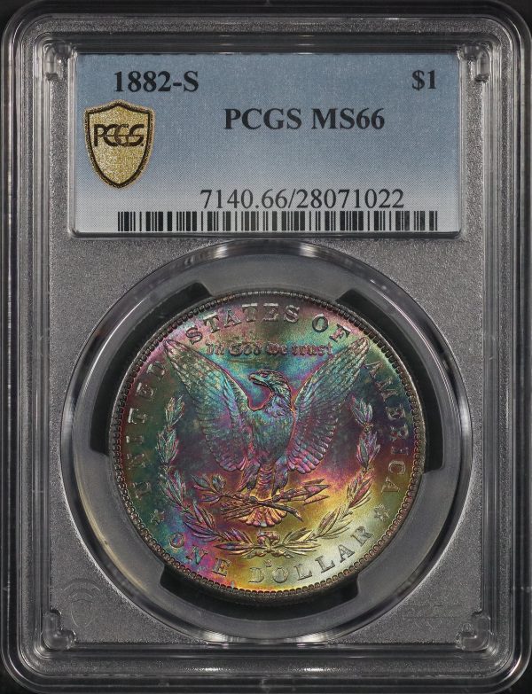 Obverse of this 1882-S Morgan Dollar PCGS MS-66 Cartwheel Rainbow Reverse Toning