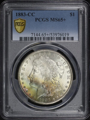 Obverse of this 1883-CC Morgan Dollar PCGS MS-65+ Obverse Rainbow Toning 