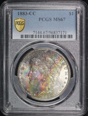 Obverse of this 1883-CC Morgan Dollar PCGS MS-67 Velvety Rainbow Obverse Crescent Toning