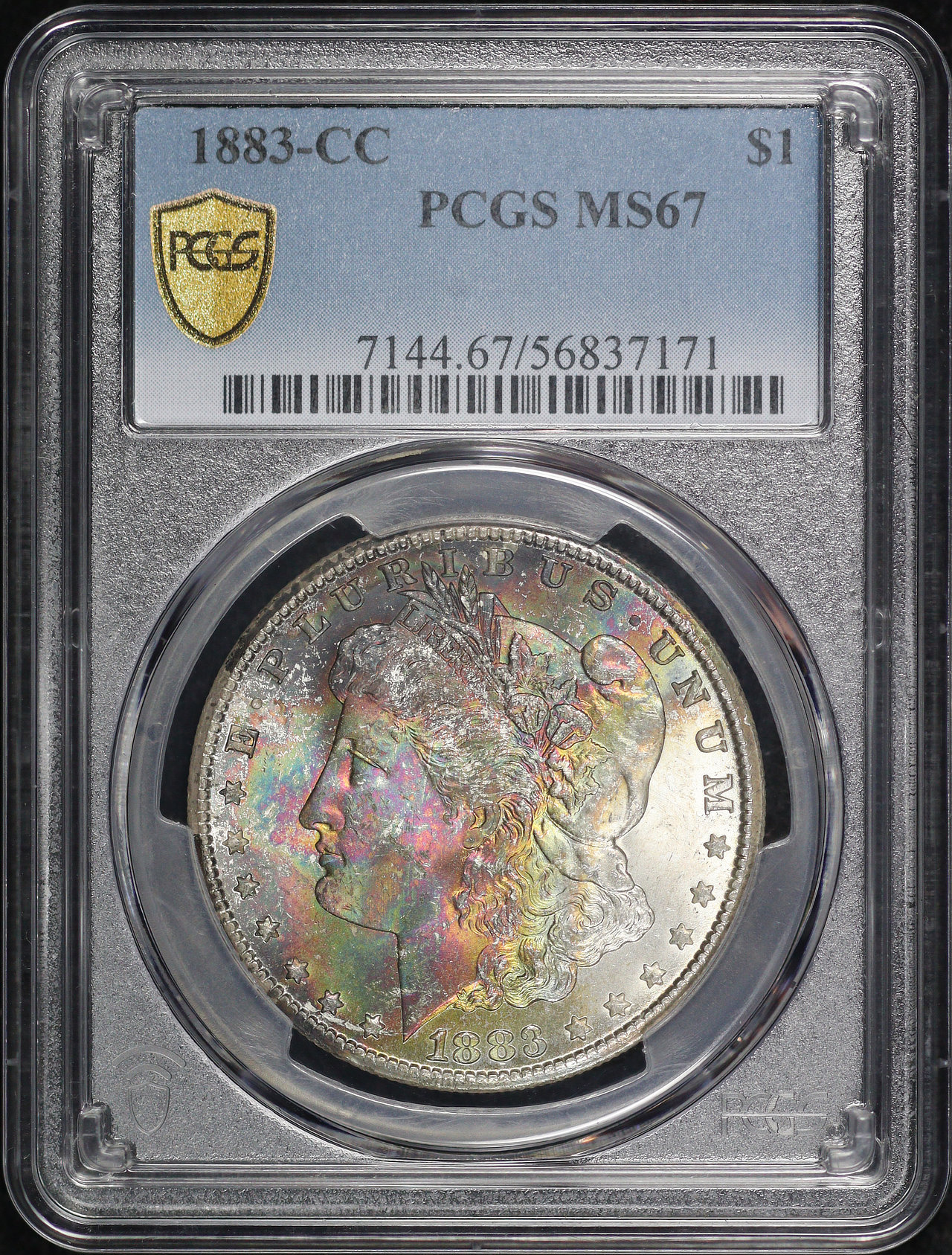 Obverse of this 1883-CC Morgan Dollar PCGS MS-67 Velvety Rainbow Obverse Crescent Toning