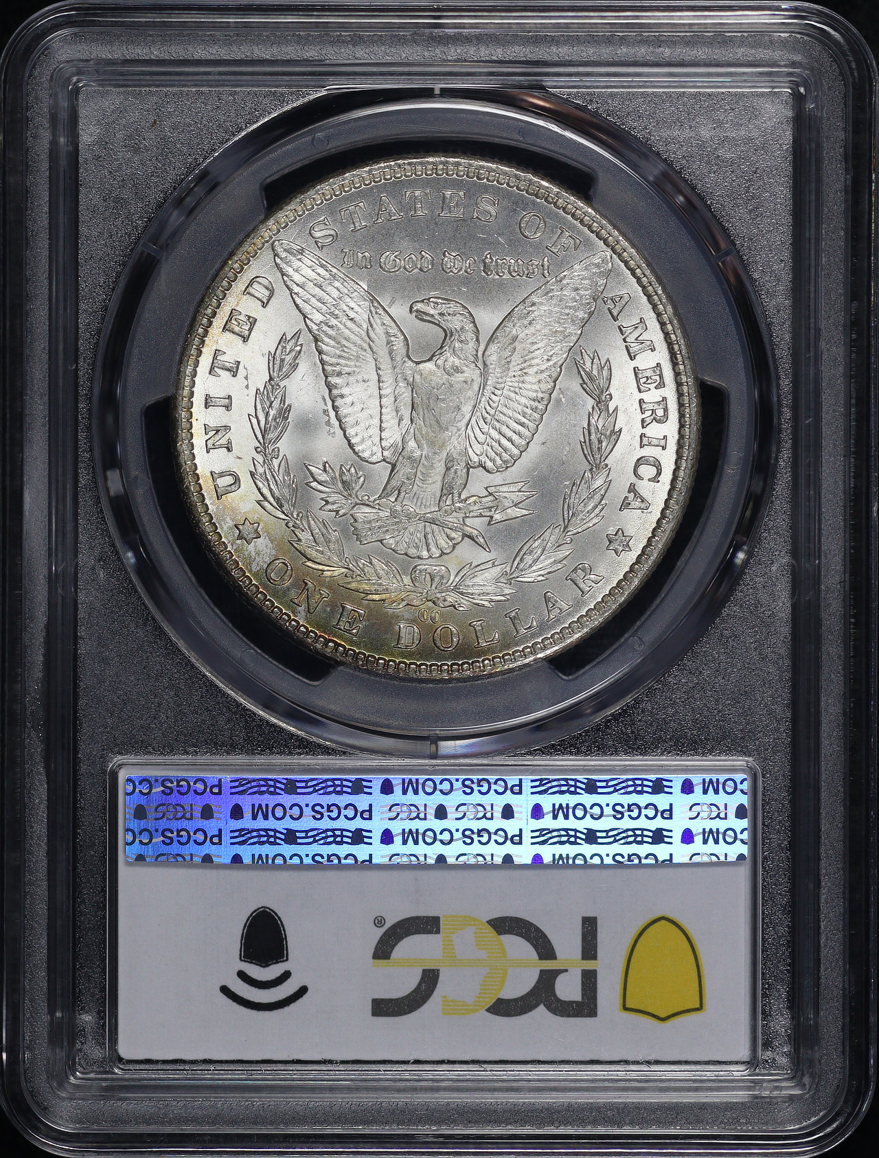 Reverse of this 1883-CC Morgan Dollar PCGS MS-67 Velvety Rainbow Obverse Crescent Toning
