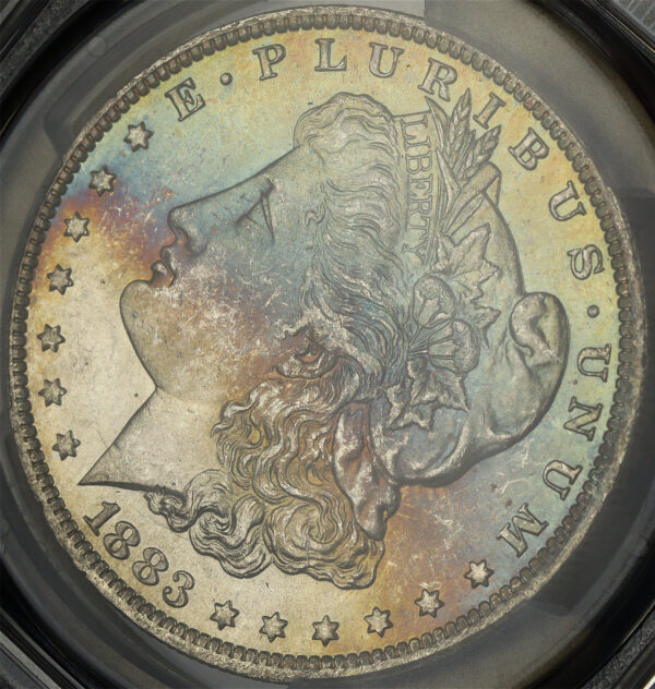 Gallery image of this 1883-O Morgan Dollar PCGS MS-63 Banded Rainbow Obverse Toning