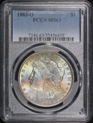 Obverse of this 1883-O Morgan Dollar PCGS MS-63 Banded Rainbow Obverse Toning
