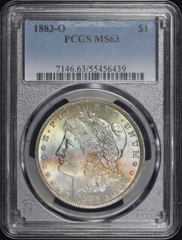 Obverse of this 1883-O Morgan Dollar PCGS MS-63 Banded Rainbow Obverse Toning