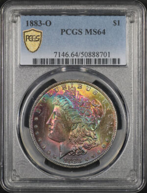 Obverse of this 1883-O Morgan Dollar PCGS MS-64 Monster Rainbow Toning