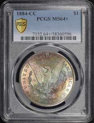 Obverse of this 1884-CC Morgan Dollar PCGS MS-64+ Vibrant Rainbow Reverse Crescent Toning