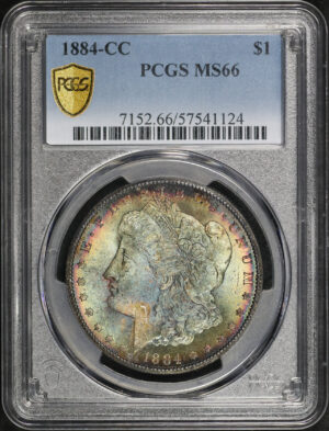 Obverse of this 1884-CC Morgan Dollar PCGS MS-66 Rainbow Toning
