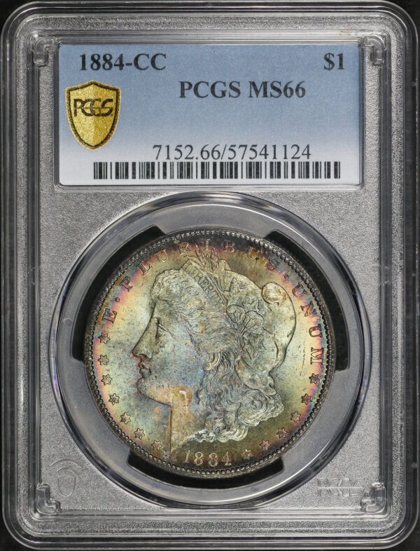 Obverse of this 1884-CC Morgan Dollar PCGS MS-66 Rainbow Toning