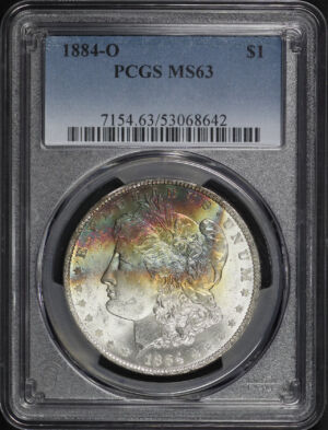 Obverse of this 1884-O Morgan Dollar PCGS MS-63 Obverse Rainbow Toning 