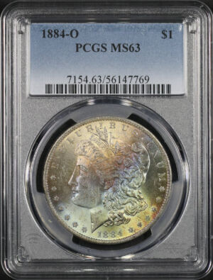 Obverse of this 1884-O Morgan Dollar PCGS MS-63 Rainbow Toning