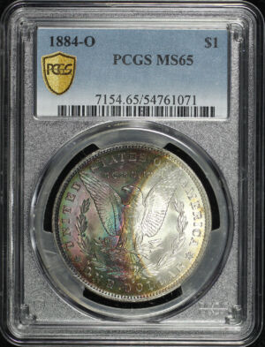 Obverse of this 1884-O Morgan Dollar PCGS MS-65 Rainbow Reverse Crescent Toning
