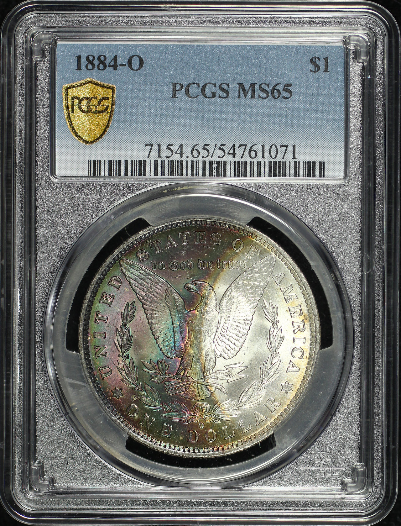 Obverse of this 1884-O Morgan Dollar PCGS MS-65 Rainbow Reverse Crescent Toning