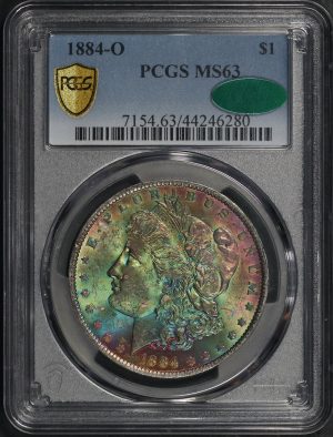 Obverse of this 1884-O Morgan Dollar PCGS MS-63 CAC Dark Variegated Plum & Green Obverse Toning
