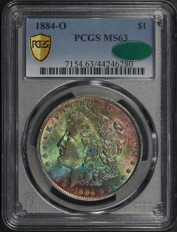 Obverse of this 1884-O Morgan Dollar PCGS MS-63 CAC Dark Variegated Plum & Green Obverse Toning