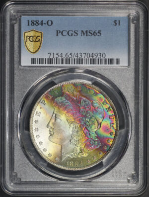 Obverse of this 1884-O Morgan Dollar PCGS MS-65 Velvety Variegated Neon Obverse Toning
