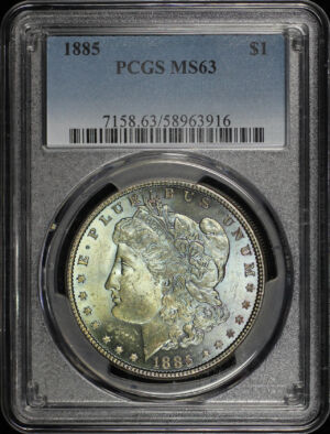 Obverse of this 1885 Morgan Dollar PCGS MS-63 Cyan & Amber Toning