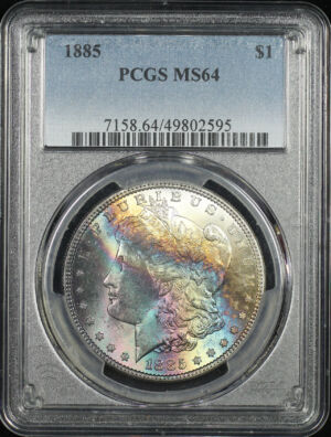 Obverse of this 1885 Morgan Dollar PCGS MS-64 Rainbow Toning