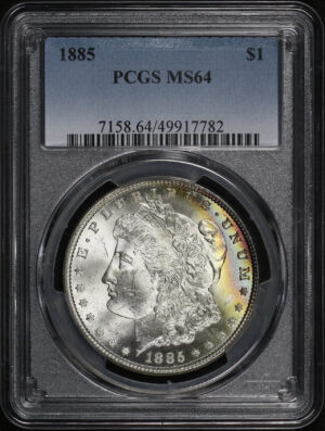 Obverse of this 1885 Morgan Dollar PCGS MS-64 Rainbow Toning