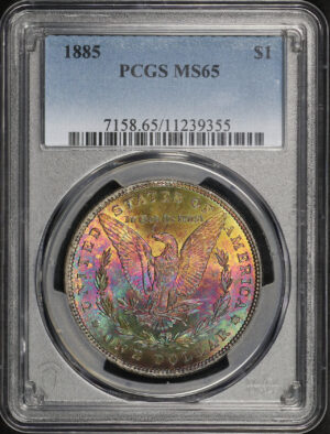 Obverse of this 1885 Morgan Dollar PCGS MS-65 Reverse Fiery Rainbow Toning