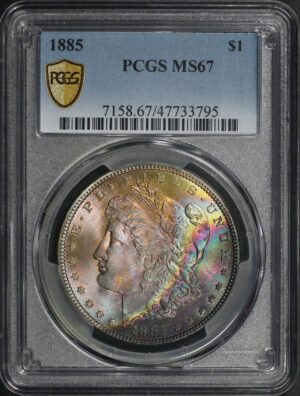 Obverse of this 1885 Morgan Dollar PCGS MS-67 Dark Banded Rainbow Obverse Toning