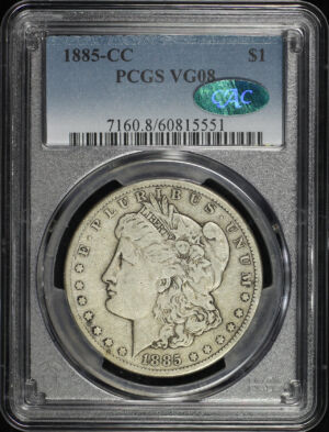 Obverse of this 1885-CC Morgan Dollar PCGS VG-08 CAC