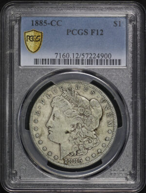 Obverse of this 1885-CC Morgan Dollar PCGS F-12