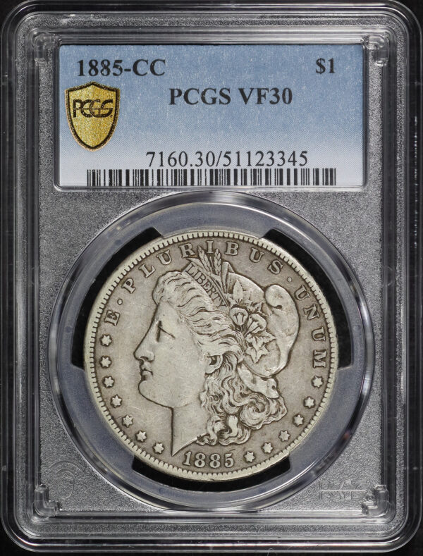 Obverse of this 1885-CC Morgan Dollar PCGS VF-30