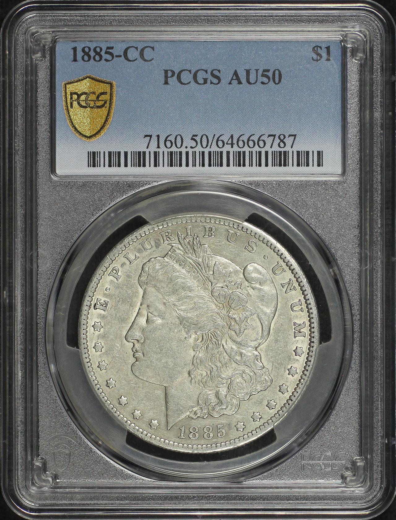 Obverse of this 1885-CC Morgan Dollar PCGS AU-50