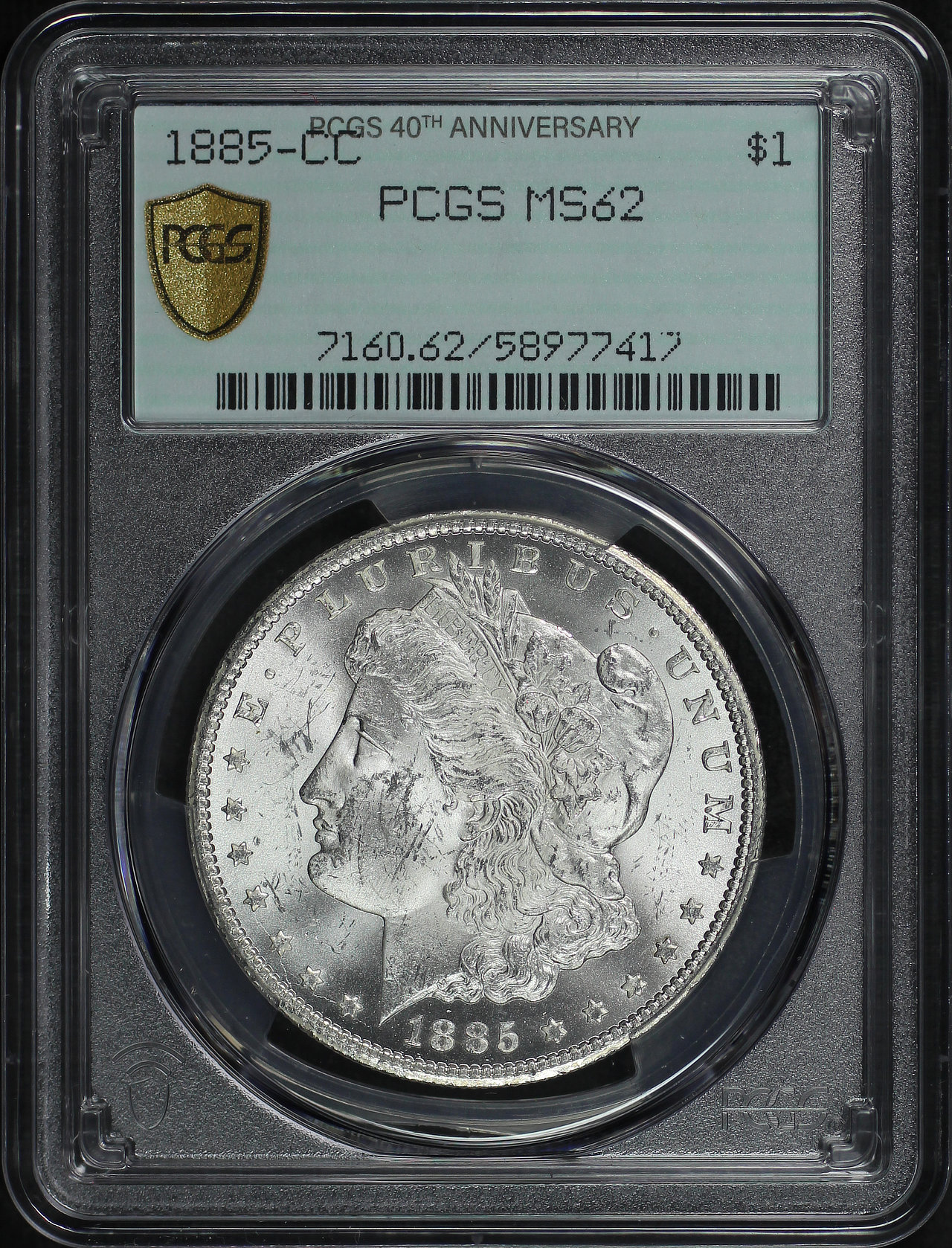 Obverse of this 1885-CC Morgan Dollar PCGS MS-62 40th Anniversary