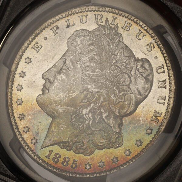 Gallery image of this 1885-CC Morgan Dollar PCGS MS-63 Banded Rainbow Obverse Toning