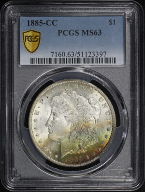Obverse of this 1885-CC Morgan Dollar PCGS MS-63 Banded Rainbow Obverse Toning