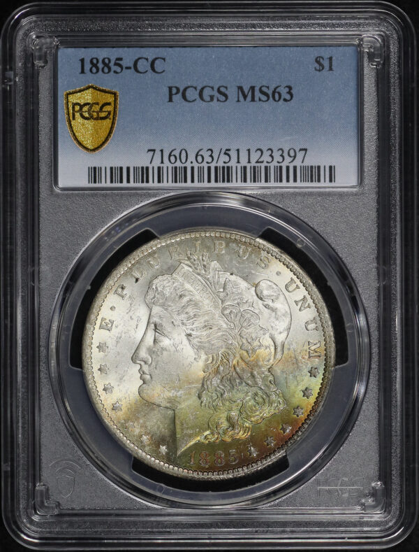 Obverse of this 1885-CC Morgan Dollar PCGS MS-63 Banded Rainbow Obverse Toning