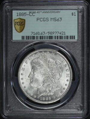 Obverse of this 1885-CC Morgan Dollar PCGS MS-63 40th Anniversary Holder