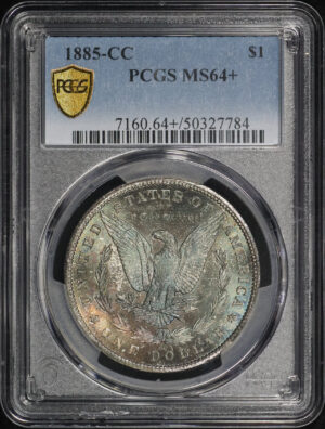 Obverse of this 1885-CC Morgan Dollar PCGS MS-64+ Near-Monochromatic Steel Blue Reverse Toning