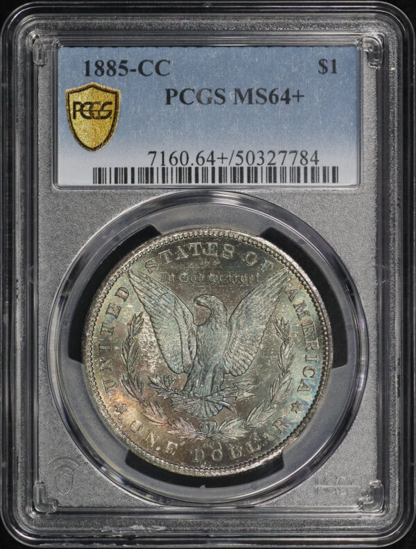 Obverse of this 1885-CC Morgan Dollar PCGS MS-64+ Near-Monochromatic Steel Blue Reverse Toning