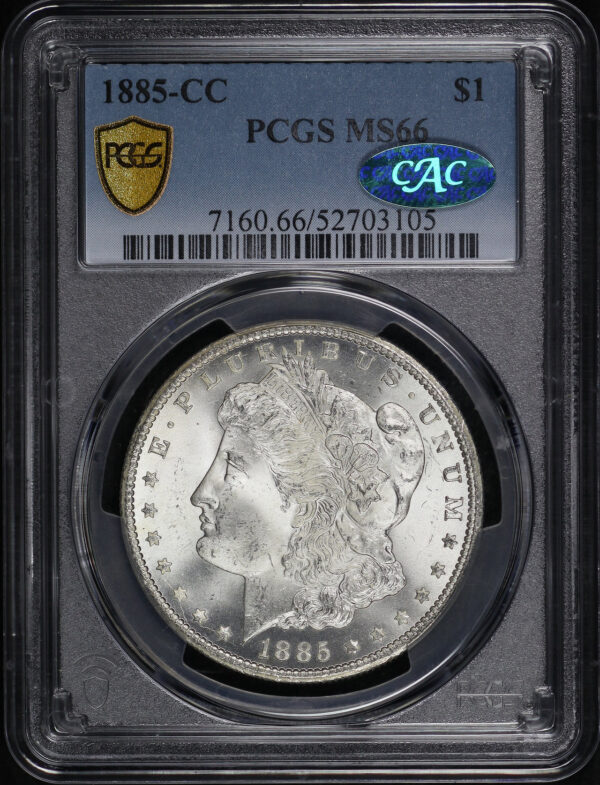 Obverse of this 1885-CC Morgan Dollar PCGS MS-66 CAC