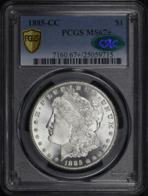 Obverse of this 1885-CC Morgan Dollar PCGS MS-67+ CAC (pop 20/2 at PCGS)