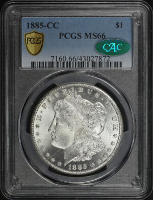 Obverse of this 1885-CC Morgan Dollar PCGS MS-66 CAC