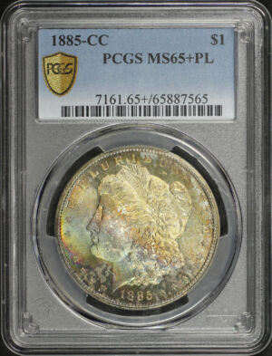 Obverse of this 1885-CC Morgan Dollar PCGS MS-65+ PL Rainbow Toning