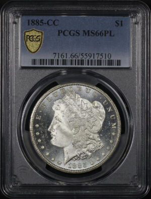 Obverse of this 1885-CC Morgan Dollar PCGS MS-66 PL