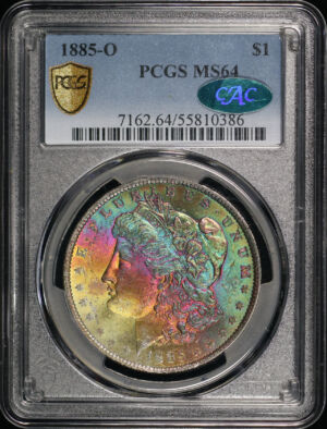 Obverse of this 1885-O Morgan Dollar PCGS MS-64 CAC Monster Rainbow Toning