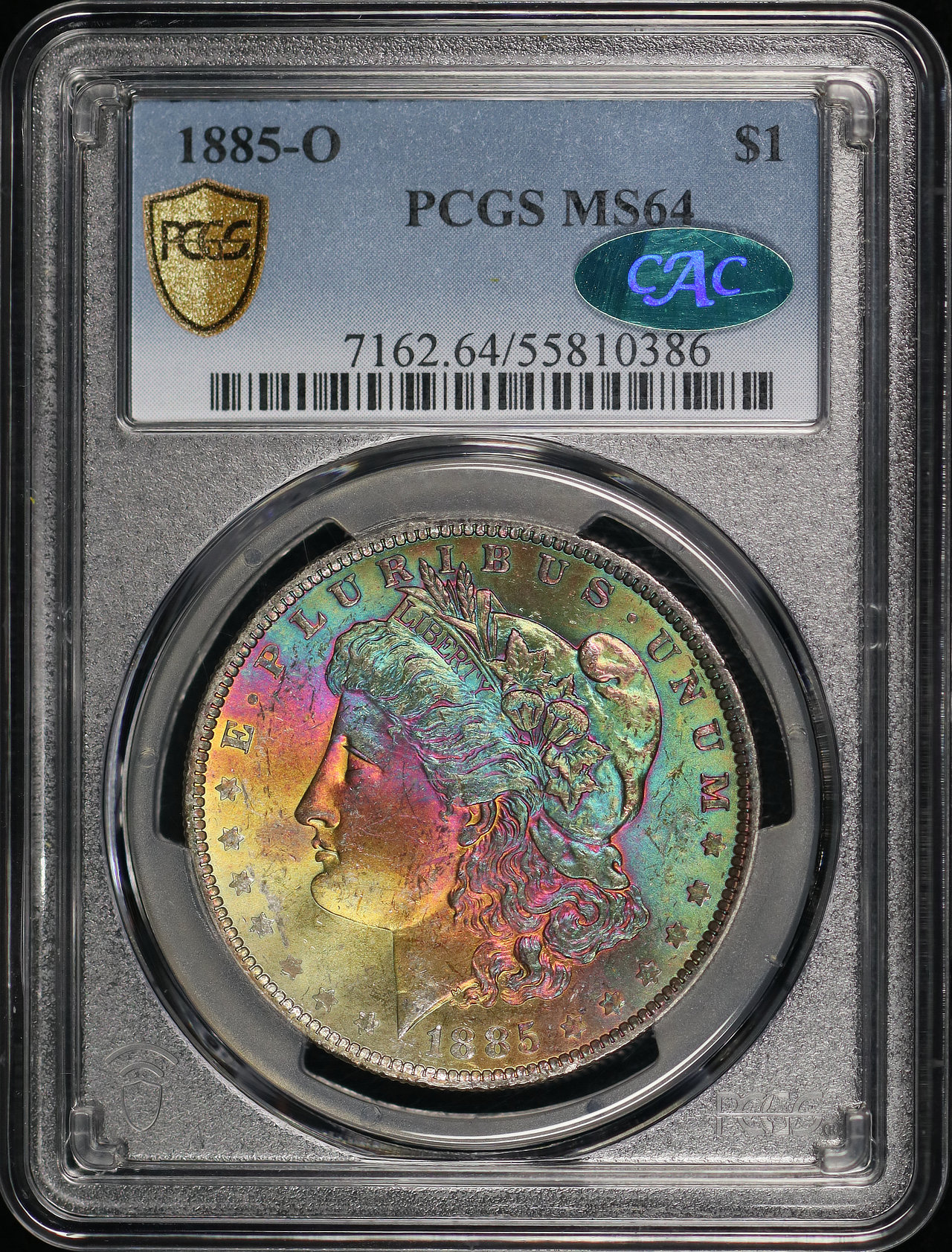 Obverse of this 1885-O Morgan Dollar PCGS MS-64 CAC Monster Rainbow Toning