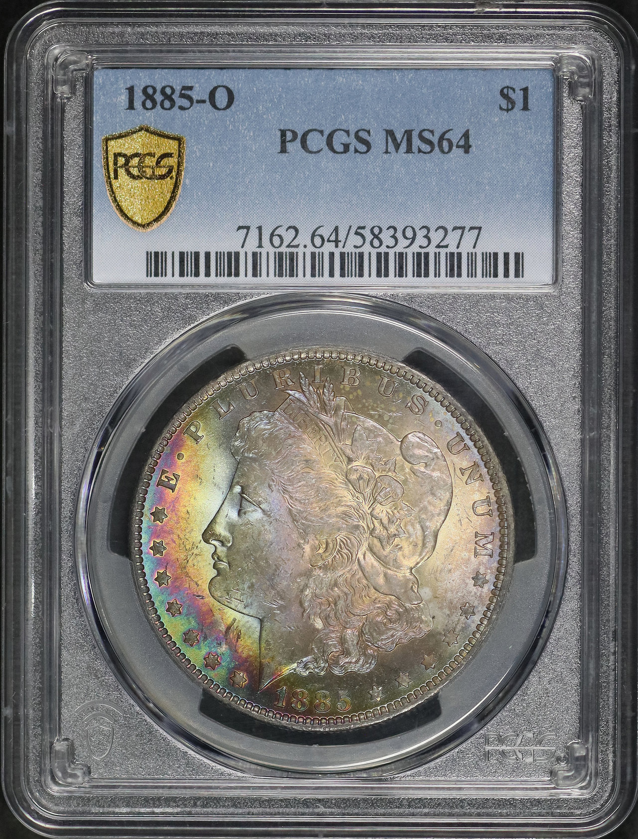 Obverse of this 1885-O Morgan Dollar PCGS MS-64 Rainbow Toning