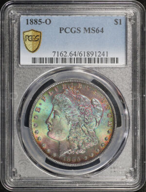 Obverse of this 1885-O Morgan Dollar PCGS MS-64 Green & Violet Hue Obverse Monster Toning