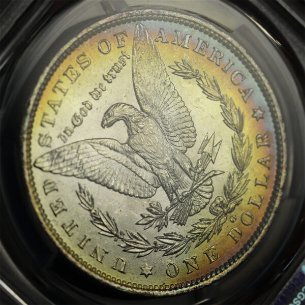 Gallery image of this 1885-O Morgan Dollar PCGS MS-64 CAC Vibrant Banded Rainbow Toning